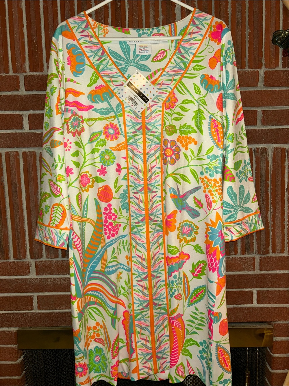 Gretchen Scott Bordertown Hummingbird Floral V-Neck Long Sleeve Dress NWT